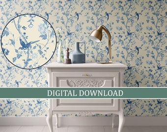 Dollhouse Wallpaper Cream and Blue Bird Chinoiserie, DIGITAL DOWNLOAD, Miniature Printable 1:12