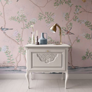 Poppenhuisbehang, miniatuur 1:12, perzikroze bloemen; Peel & Stick of Premium Mat
