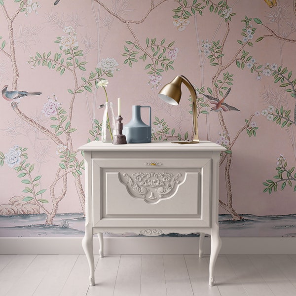 Dollhouse Wallpaper, Miniature 1:12, Peach Pink Floral; Peel & Stick or Premium Matte