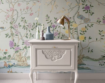 Dollhouse Wallpaper, Miniature  Pale Gray Chinoiserie , 1:12, Peel & Stick or Premium Matte