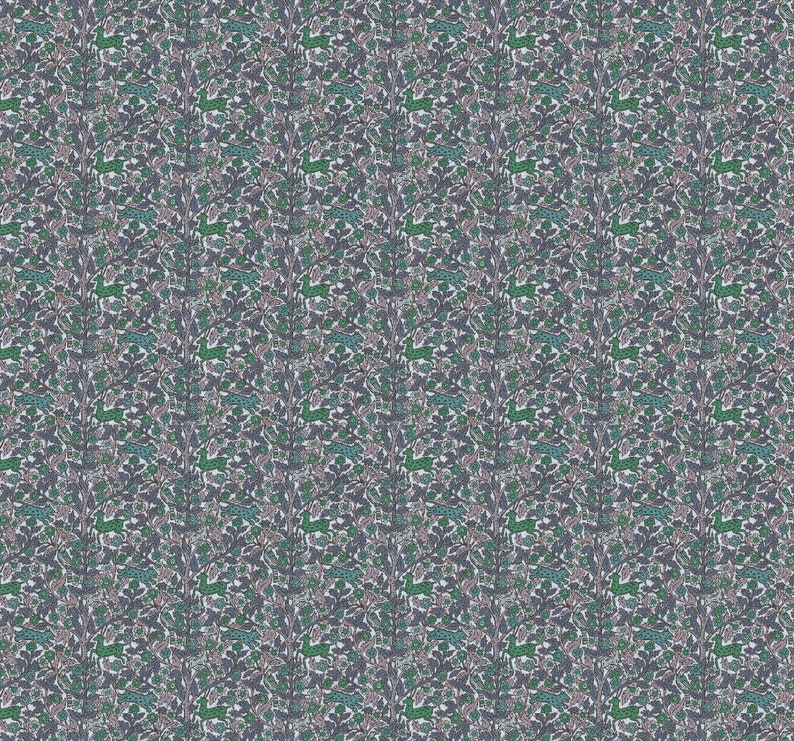 May include: A seamless pattern featuring a repeating design of stylized trees and deer in shades of green, blue, and pink on a light gray background.