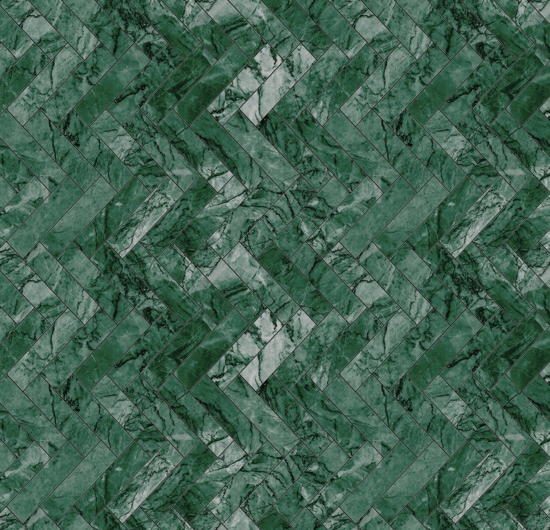 May include: A seamless pattern of green marble tiles arranged in a herringbone pattern. The tiles have a light green and dark green marbling effect.