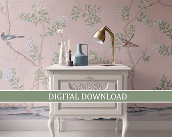 Dollhouse Wallpaper Pink Chinoiserie, DIGITAL DOWNLOAD, Miniature Printable