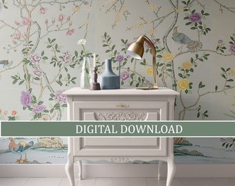 Dollhouse Wallpaper Gray Chinoiserie, DIGITAL DOWNLOAD, Miniature Printable