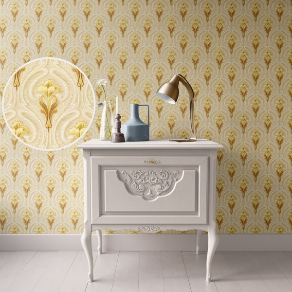 Dollhouse Wallpaper, 1:12 Miniature, Victorian, Peel and Stick or Premium Matte; Gold and Beige Trumpet Floral