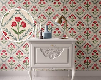 Dollhouse Wallpaper,  Miniature 1:12, Floral Trellis Block Print on Beige Background, Traditional Peel and Stick or Premium Matte