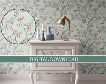 Dollhouse Wallpaper Pink and Green Bird Chinoiserie, DIGITAL DOWNLOAD, Miniature Printable 1:12