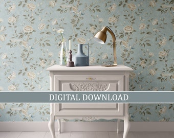 Dollhouse Wallpaper - Digital Download Printable, 1:12 Miniature, Rustic Blue Birds Floral