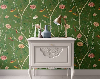 Dollhouse Wallpaper Miniature; Green Floral and Fauna, Peel and Stick or Premium Matte Paper; Victorian 1:12