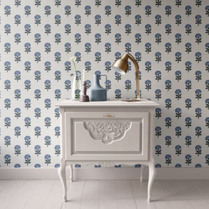 Papel de parede para casa de bonecas com estampa em bloco azul floral - estampa pequena - removível ou fosco premium