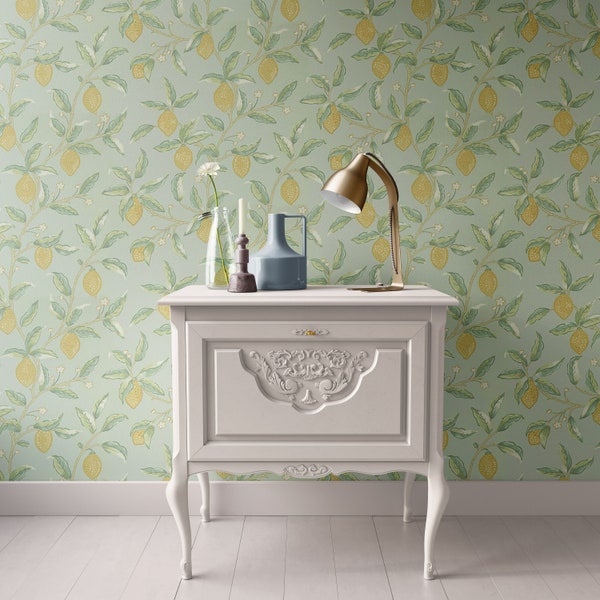 Dollhouse Wallpaper, Lemon William Morris, Kitchen Blue Green, Miniature 1:12; Peel & Stick or Premium Matte