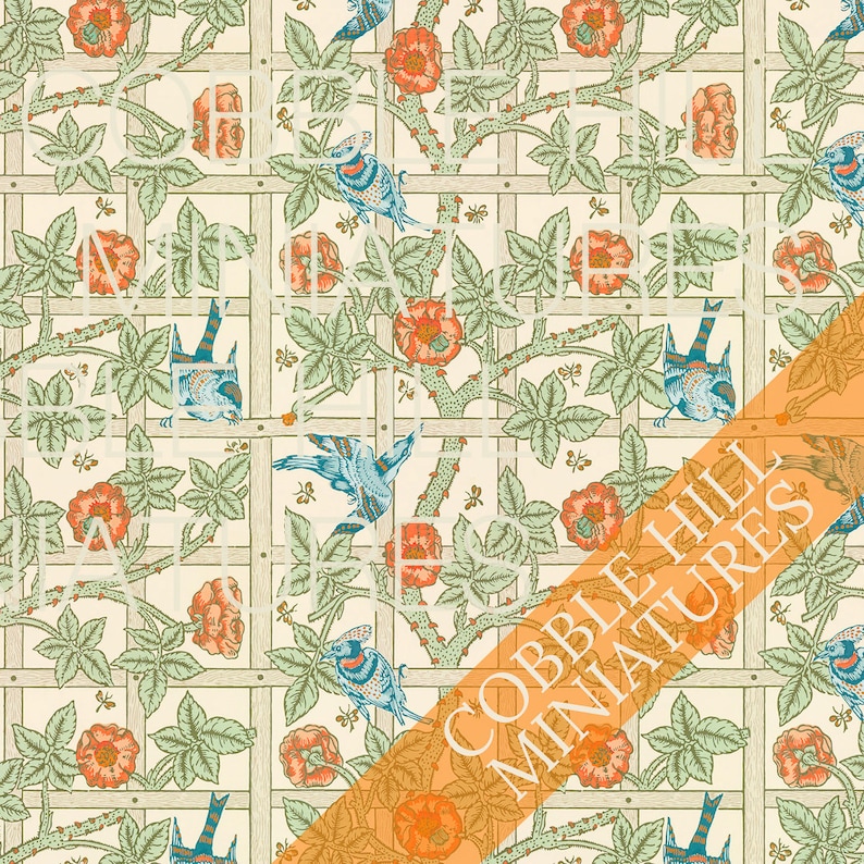 Dollhouse Wallpaper William Morris Trellis Bird and Vine Miniature, Victorian image 2