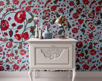 Dollhouse Wallpaper Blue Colorway, Red  Floral Chintz, Miniature 1:12