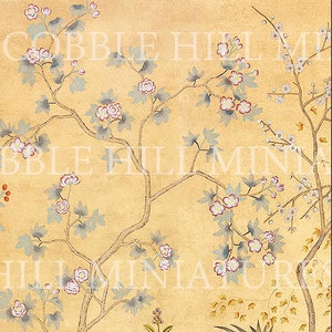 May include: A vintage style floral wallpaper design with a light yellow background and a delicate pattern of white and pink flowers with green leaves. The design features a repeating pattern of branches with flowers and leaves.