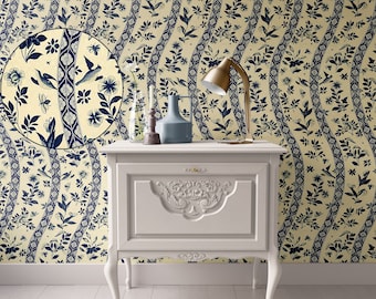 Dollhouse Wallpaper, 1:12 Miniature, Beige and Navy Traditional