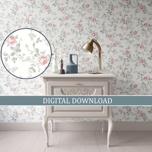 Dollhouse Wallpaper - Digital Download Printable, 1:12 Miniature, Shabby Chic Rose Floral, Pink and Green