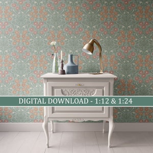 Dollhouse Wallpaper - Digital Download - Miniature 1 12 and 1:24, Blue Green & Coral Floral Printable