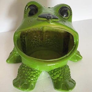 May include: A green ceramic frog figurine with a large open mouth, designed as a planter or decorative bowl. The frog has black eyes and a textured surface.