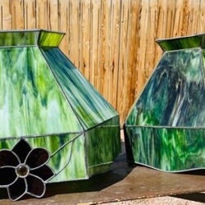 Pair 1970s Large Green Stained Glass Hanging Lights