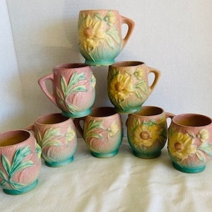 Pair Roseville Peony Pink Cider Mugs