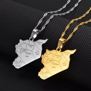 SYRIA 18K gold-plated syria map with cities pendant necklace / charmed jewelry gift / syria flag gold necklace for Men and Women