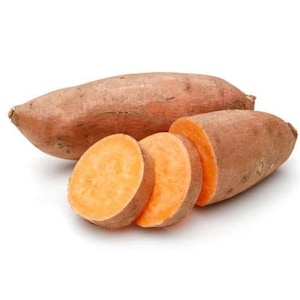 May include: An image of two sweet potatoes, one whole and one partially sliced. The whole sweet potato is a light brown color, and the sliced sweet potato reveals bright orange flesh. Three slices are visible, showcasing the vibrant interior.