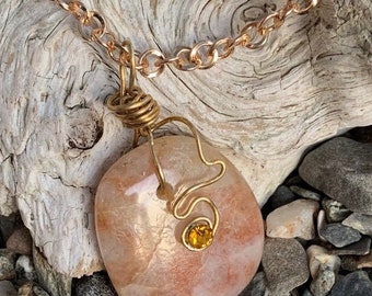 Beautiful Tumbled CoralCopper Wave Maine Beach Stone Jewelry Pendant Necklace
