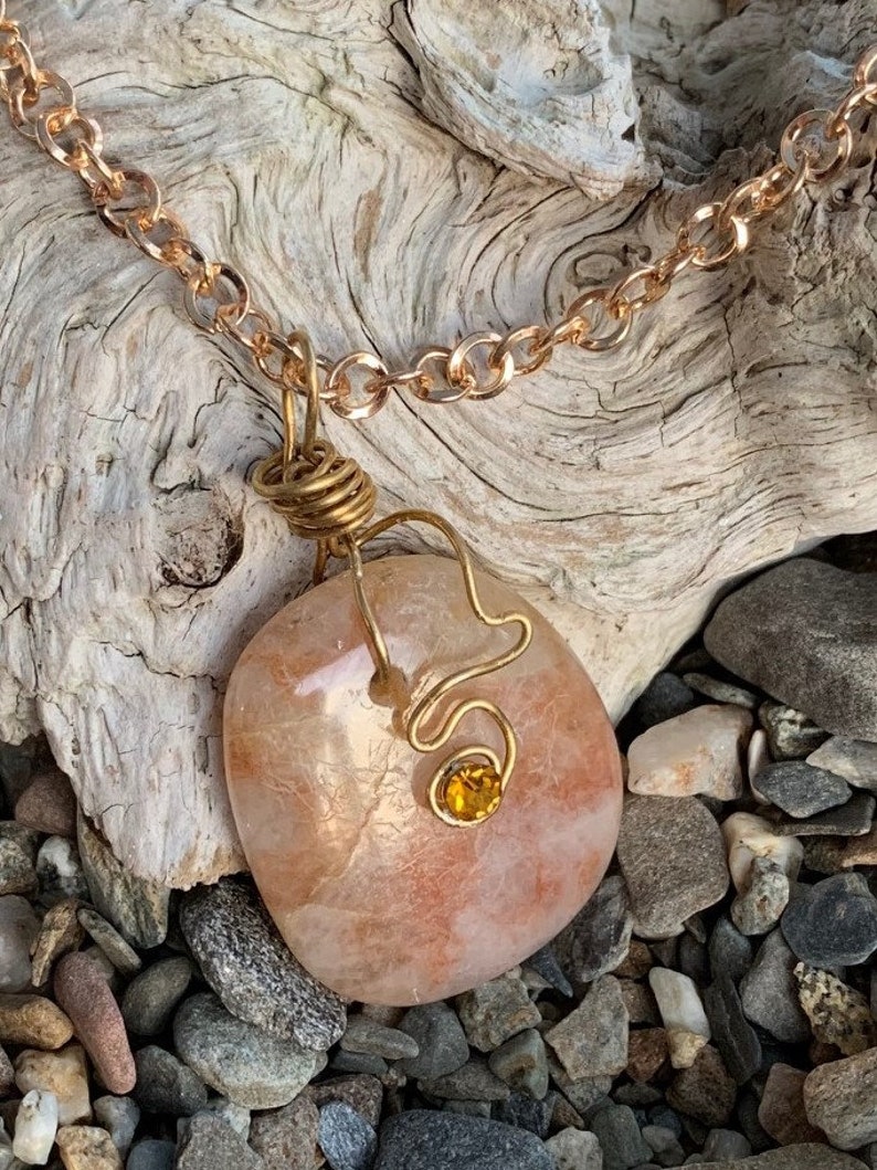 Beautiful Tumbled CoralCopper Wave Maine Beach Stone Jewelry Pendant Necklace