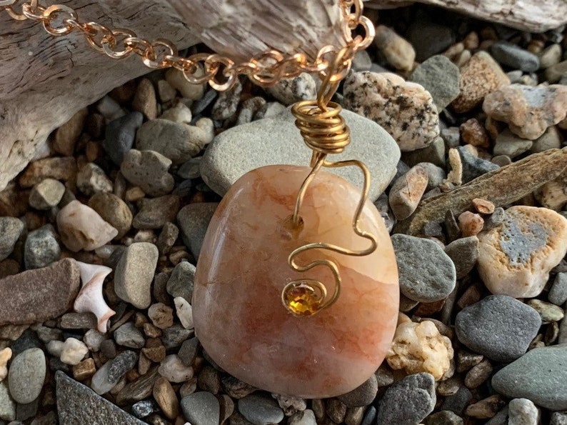 Beautiful Tumbled CoralCopper Wave Maine Beach Stone Jewelry Pendant Necklace