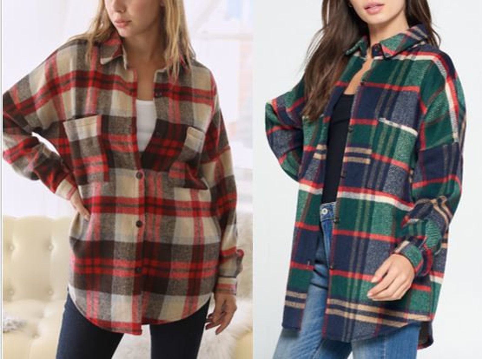 Red Green Oversized Plaid Shirt Jacket Casual Fall Winter Etsy