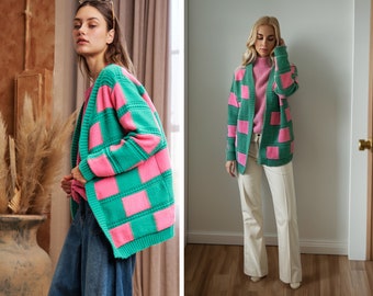 Pink and Green Cardigan, Women Oversized Check Cardigan, Checkered Knit Cardigan, Cute Sweater Cardigan, Warm Cardigan, Cozy Casual Cardigan