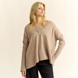 Relaxed Fit Taupe V-Neck Sweater | Ribbed Sleeves, Size Small Only