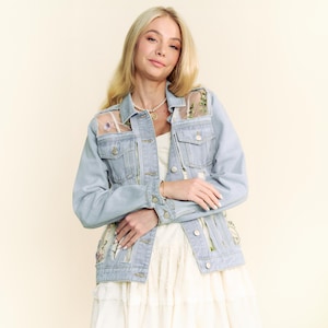 Denim Jacket with Floral Embroidery and Mesh Details | Sizes Small & XL
