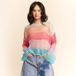 Colorful Rainbow Crochet Knit Mesh Top With Wide Sleeves, Loose Open Weave Beach Cover Up Sweater For Summer Festival Or Vacation Wear