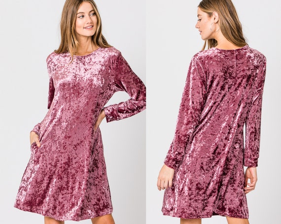 Velvet Textured Long Sleeve Shift Dress 