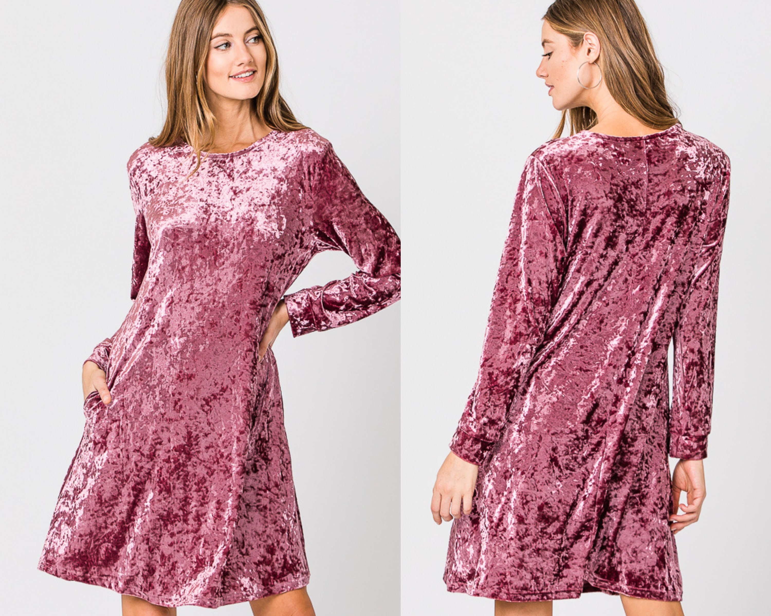 Velvet Textured Long Sleeve Shift Dress 