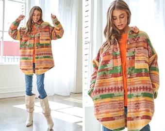 Stylish Aztec Jacket, Tribal Print Outerwear, Button Up Tribal Jacket, Fashionable Aztec Outerwear, Patterned Fall Outerwear, Trendy Coat
