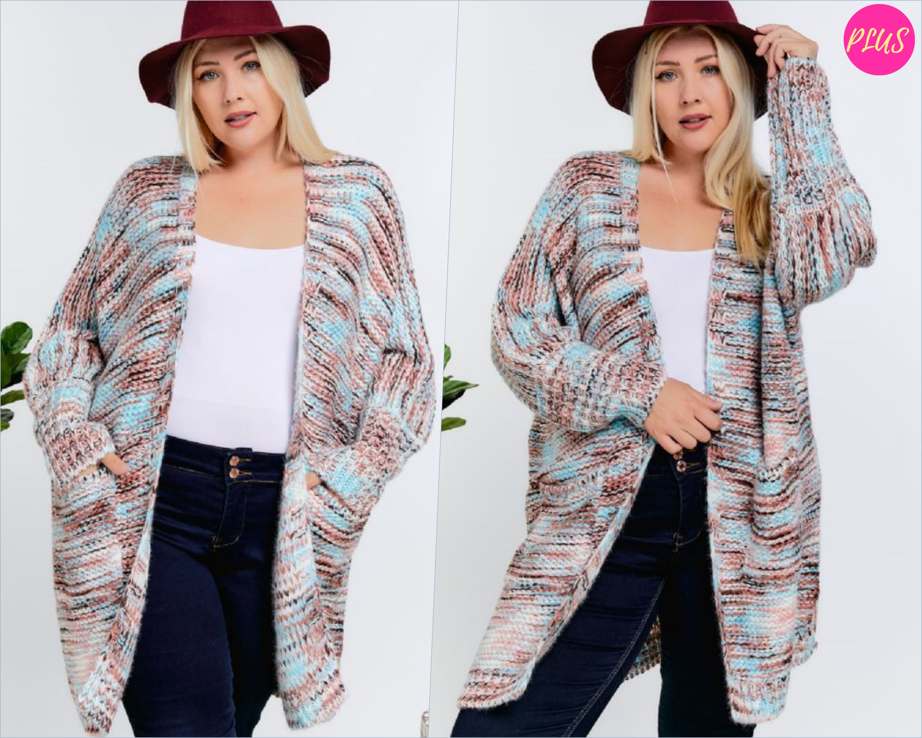 PolieCo 1XL-3XL Multi Color Chord and Pattern Knit Sweater Front Open Longline Oversized Cardigan for Women