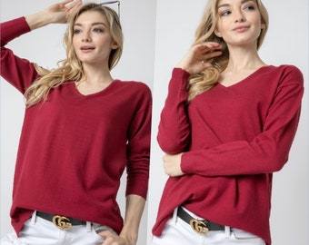 Burgundy Solid Soft V-Neck Side Slit Cozy Sweater for Women
