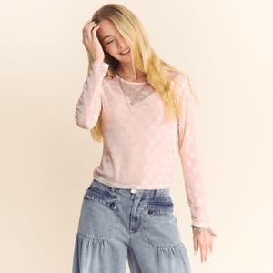Blush Pink Mesh Long Sleeve Top Sheer Bow Print Y2K Kawaii Aesthetic Soft Girl Layering Shirt See Through Lightweight Tee