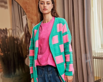 Pink and Green Cardigan, Women Oversized Check Cardigan, Checkered Knit Cardigan, Cute Sweater Cardigan, Warm Cardigan, Cozy Casual Cardigan
