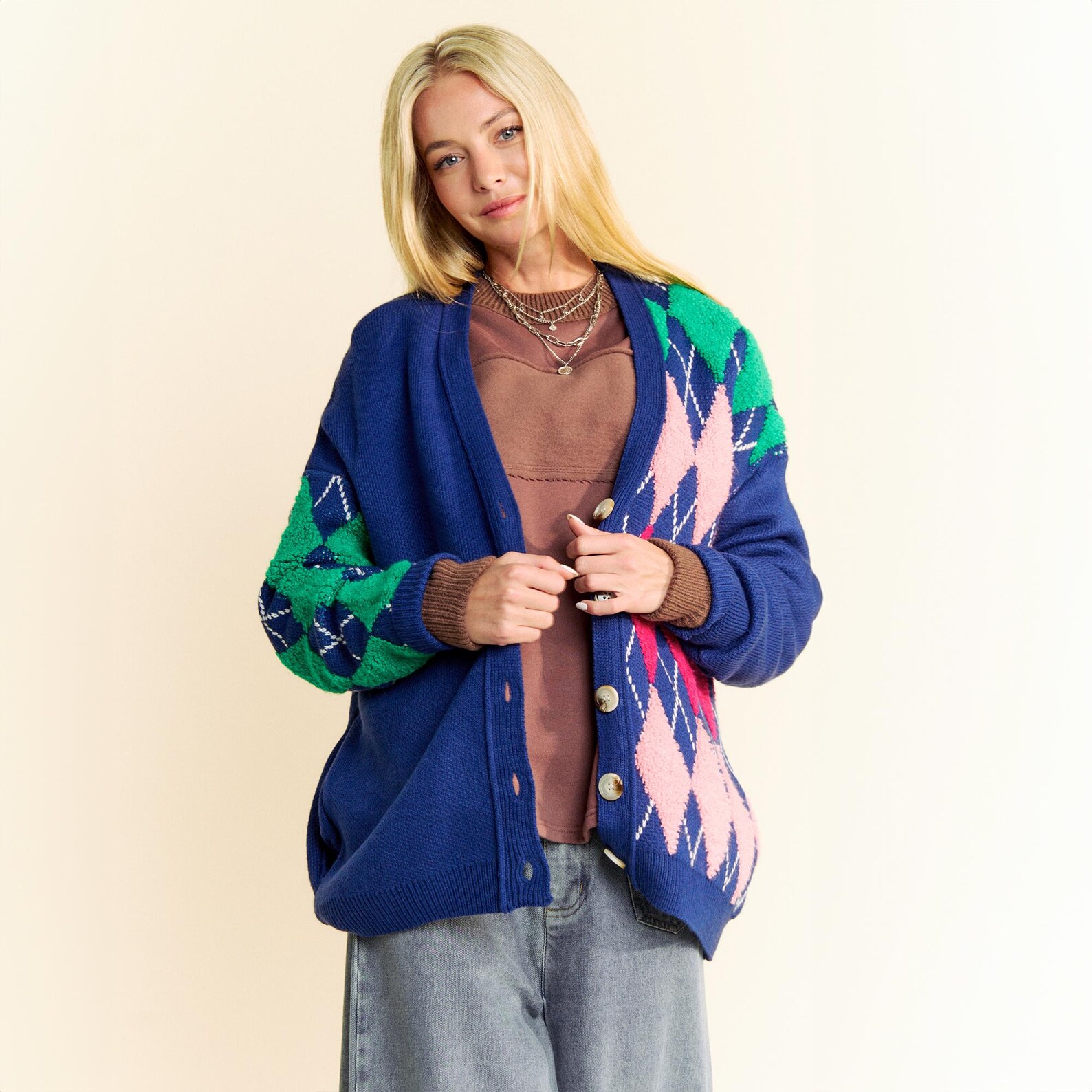 Vintage Argyle Pattern Button-Up Cardigan Sweater main image 1