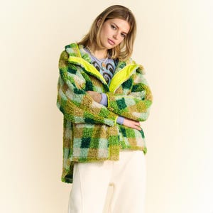 Soft Green Plaid Sherpa Jacket - Oversized & Cozy with Hood, Elastic Band - Layering Chic Fuzzy Teddy Coat
