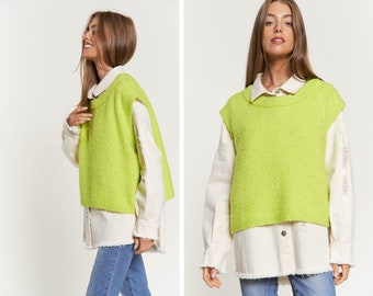 Gilet lavorato a maglia per donne-Gilet maglione per donne, Gilet girocollo, Maglione senza maniche, Gilet maglione lavorato a maglia, Gilet maglione verde neon, Regalo per lei