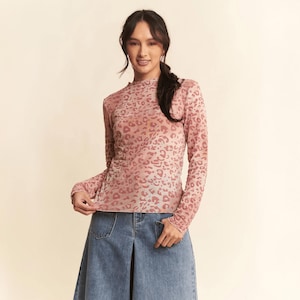 Sheer Pink Leopard Print Long Sleeve Mesh Top With Fitted Silhouette, Lightweight Y2K Animal Print Shirt For Layered Casual Or Night Looks