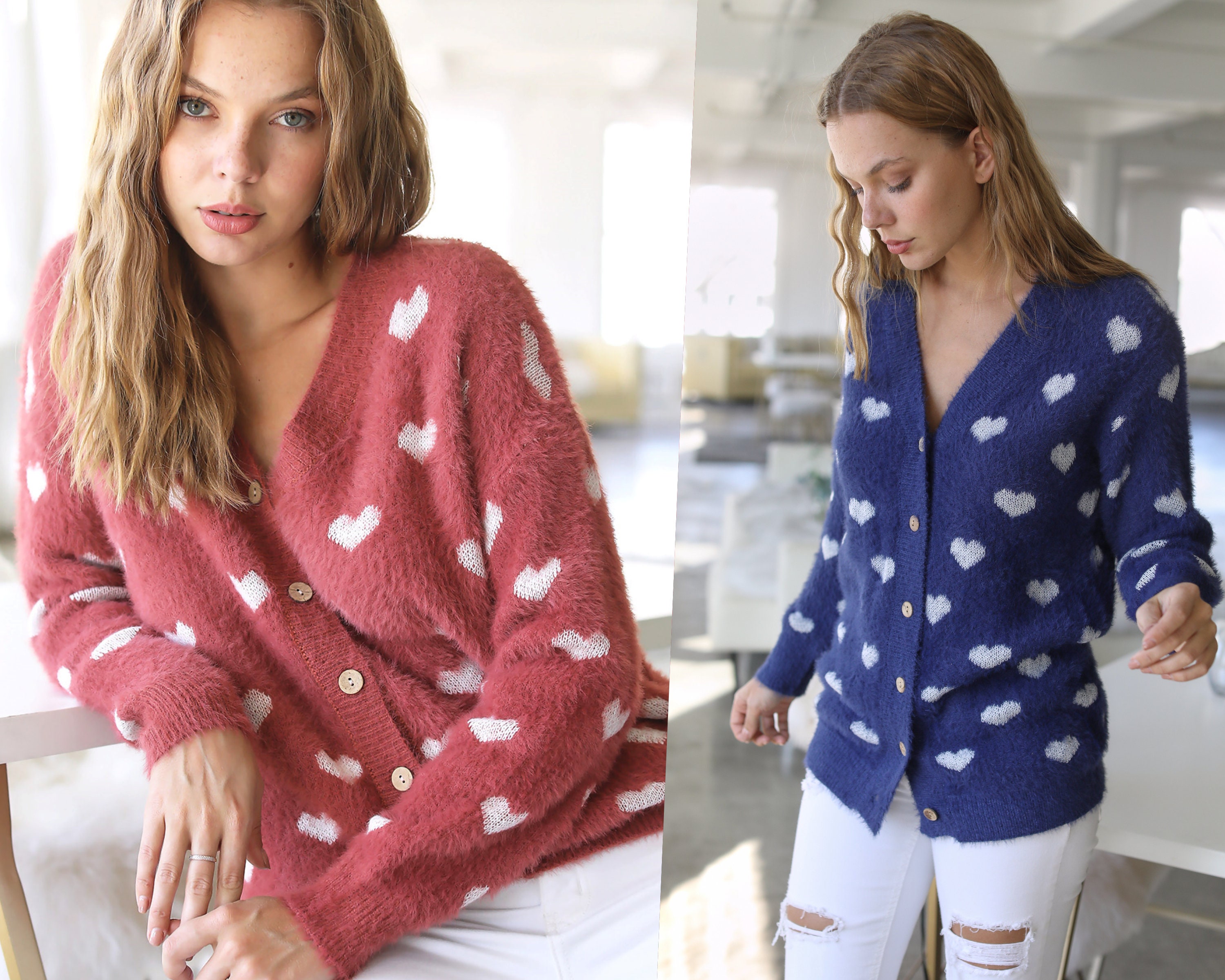 Heart Print Button Down Soft Cardigan 