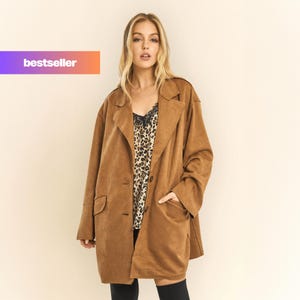 Veste en daim pour femme - Veste en similicuir - Veste blazer vintage en daim souple - Manteau en cuir marron pour femme - Manteau blazer pour femme