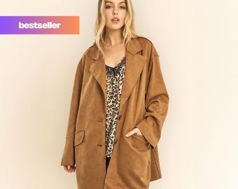 Suede Jacket Women - Faux Leather Jacket - Vintage Soft Suede Blazer Jacket - Women&#39;s Brown Leather Coat - Ladies Blazer Coat