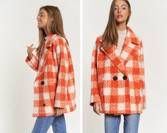 Orange Blazer - Orange Jacket - Fur Coat - Fur Jacket - Fur Coat Women - Shacket For Women - Thick Shacket - Warm Shacket - Plaid Blazer