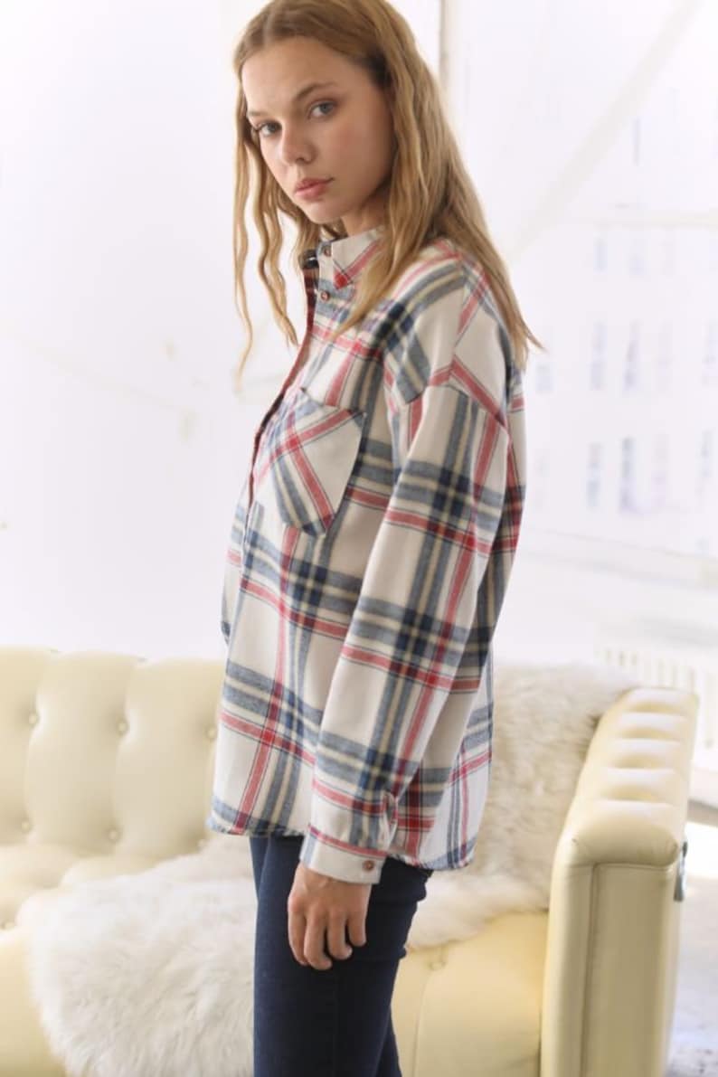 Plaid Print Button Down Collared with Pocket Shirt Top for Women